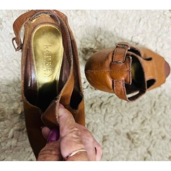 Lauren Ralph Lauren GoldenBrown Leather Peep Toe Adjust Strap Wedge Sandals 7.5 - Picture 5 of 8